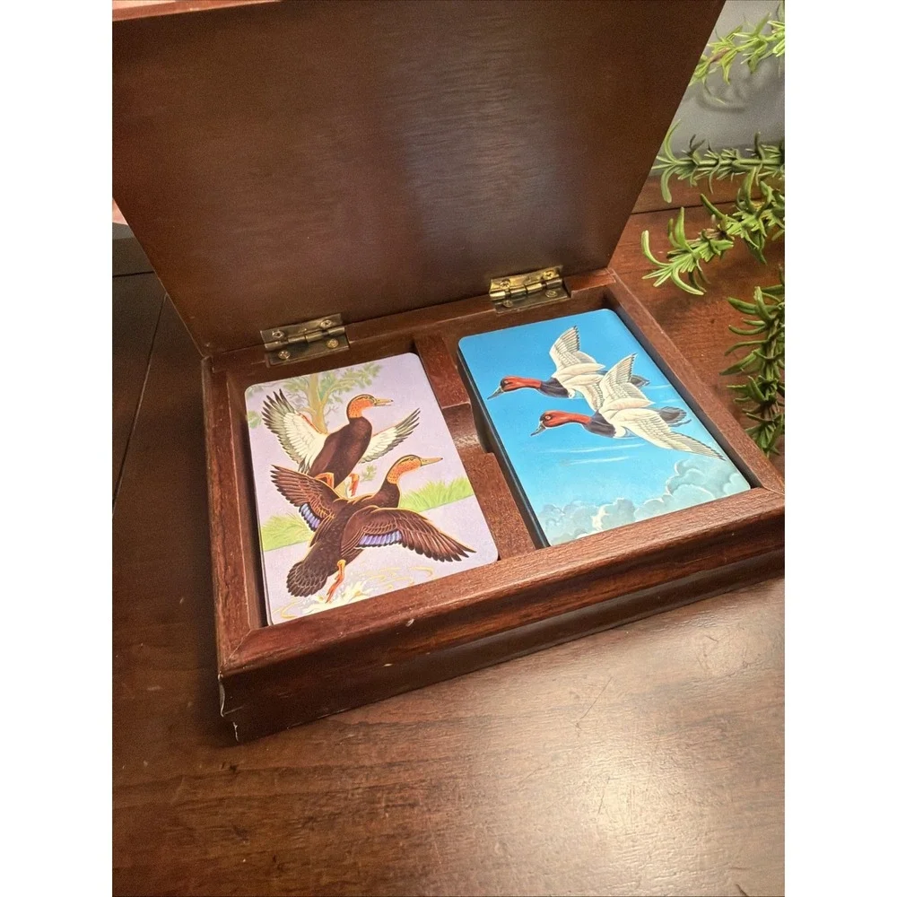 Vintage Mallard Duck Wooden Box Card Holder W/ 2  Original Mallard Card Decks